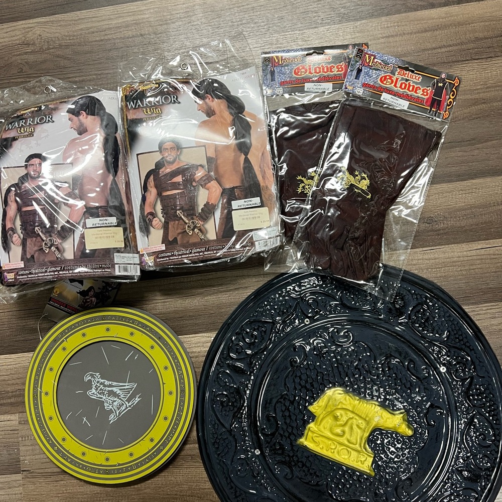 Warrior Costume Set with Shields, Gloves, and Wigs